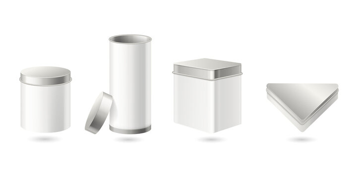 Set of blank metal packaging tins isolated on a transparent background