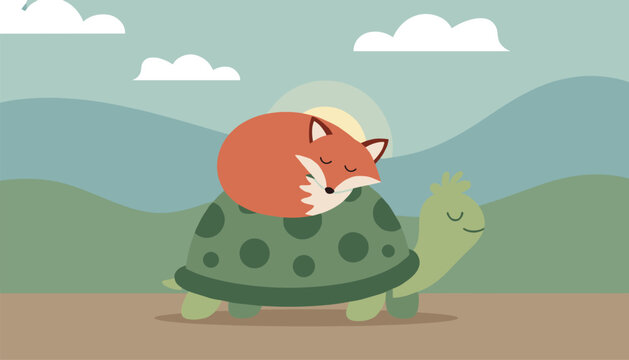 Cute sleeping fox resting on turtle shell in serene hilly landscape flat vector illustration of friendship.