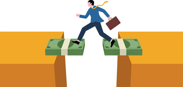 A businessman jumping over a gap between two stacks of green paper money on orange platforms