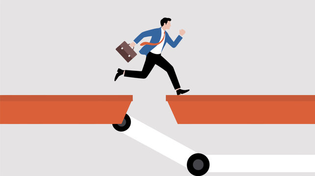 A businessman jumping over a gap between two platforms connected by a conveyor belt mechanism