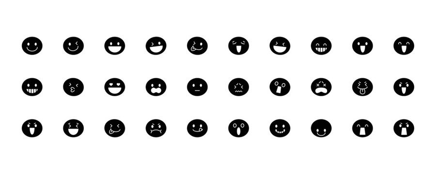 Set of colorful emoticon face icons showing various emotions and facial expressions, including happy, sad, surprised, angry, confused, worried, and playful moods.