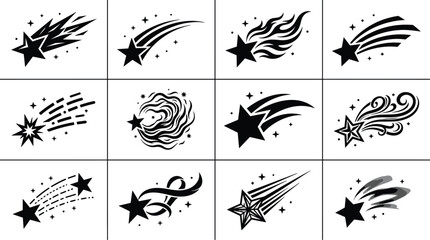 Shooting star silhouettes set featuring falling comets meteors with fire trails and stardust spark decorative vector icons © MDSOHEL