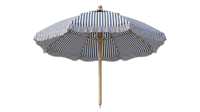 Vintage style beach umbrella with blue and white stripes and decorative fringe, isolated on transparent background