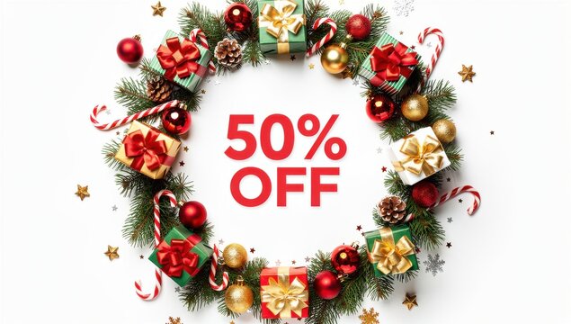 Christmas gift arrangement with ribbons ornaments and a prominent fifty percent off sale sign