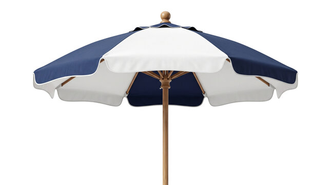 Classic blue and white striped patio umbrella with wooden pole isolated on transparent background