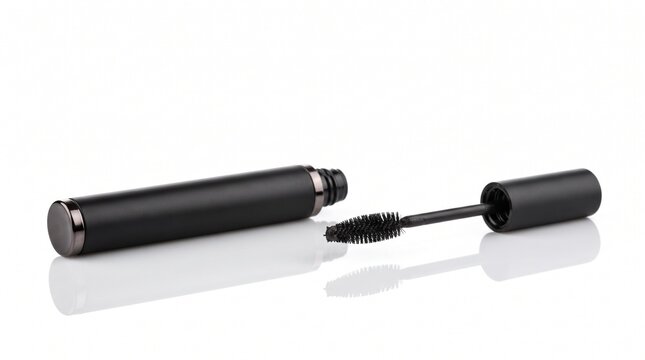 Black mascara tube with open applicator wand, luxury cosmetic product mockup on white background, elegant eye makeup packaging