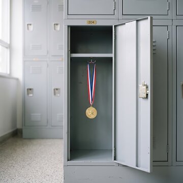 Golden medal hanging inside an open school locker with prize