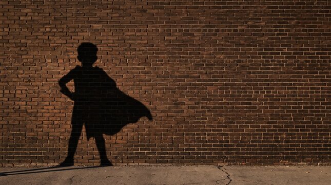 Silhouette of a brave child playing as a superhero against a brick wall
