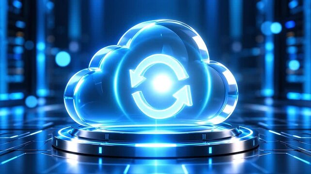Glowing digital cloud computing symbol with refresh arrows representing data synchronization and backup