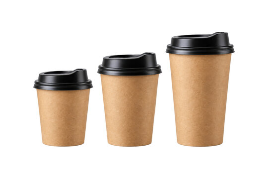 Three kraft paper takeaway cups in small, medium, and large sizes with black plastic lids, arranged side by side on a clean white background, ideal for beverage packaging, caf&eacute;, and disposable drink 