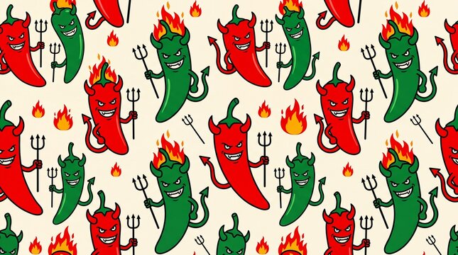 Seamless pattern of cartoon devil chili peppers with flames and pitchforks