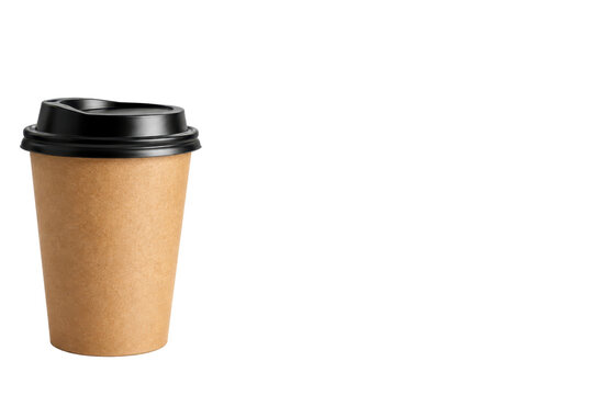 Kraft paper takeaway coffee cup with black plastic lid positioned on the left, isolated on a clean white background with copy space for beverage advertising and packaging design.