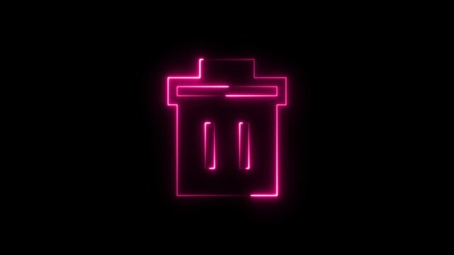 Pink neon trash bin icon glowing on a dark black background