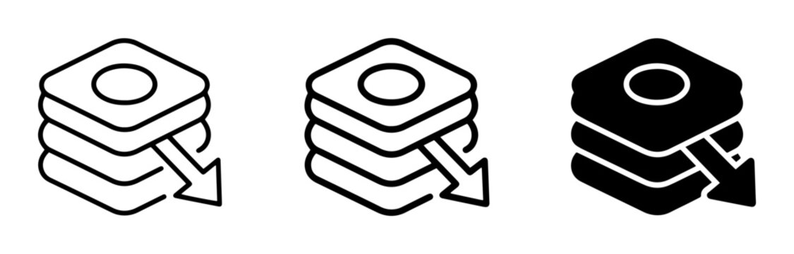 Isometric database export icon set, data server download symbol, black linear and glyph web UI graphic