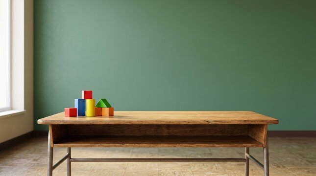 Empty classroom wooden desk with colorful toy blocks on green wall background