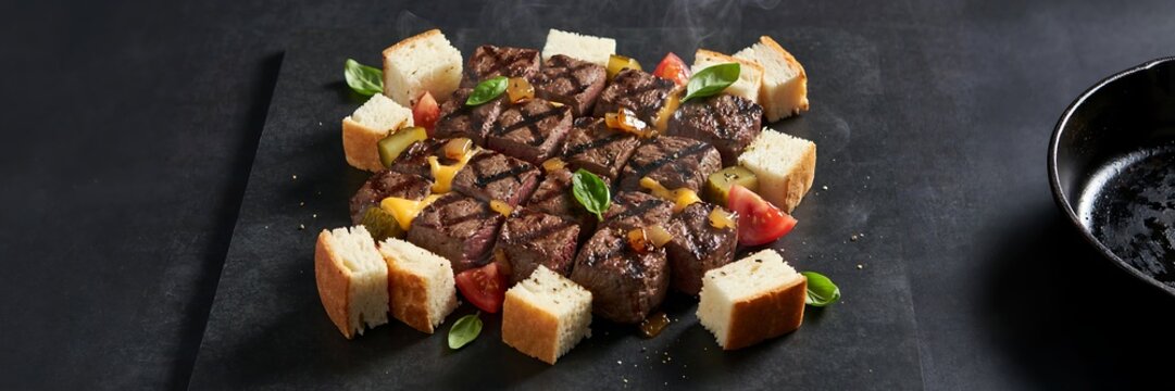 A visually appealing dish of grilled steak cubes surrounded by crusty bread, fresh tomatoes, and basil leaves. The steak is perfectly cooked with a diamond pattern grill mark, showcasing a rich.