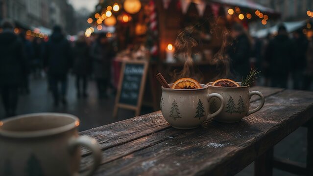 Two ceramic mugs of steaming mulled wine resting on a rustic wooden bench at a vibrant festive Christmas market, created with generative ai
