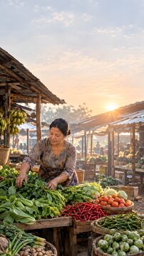 Asian Woman Vendor Arranging Fresh Green Vegetables at Traditional Outdoor Morning Market During Sunrise