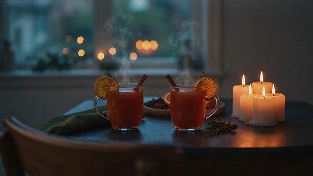 Hot spiced cider cups steaming beside lit candles on a dark wooden table in a cozy evening setting, created with generative ai.