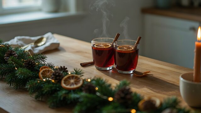 A pair of hot mulled wine glasses steaming along a festive evergreen garland with dried orange slices and fairy lights, created with generative ai