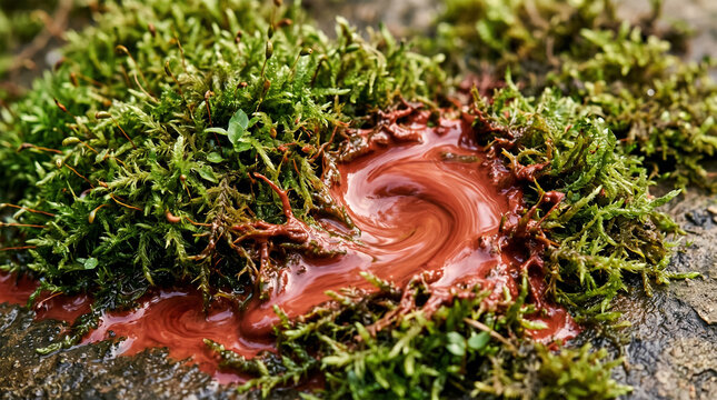 Macro texture of swirling red muddy fluid contrasting with bright green forest moss