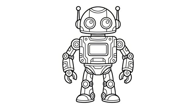 Cute cartoon robot outline, friendly futuristic android character illustration, vector drawing, white background