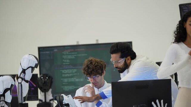 Bearded engineer in goggles leans over a curly-haired colleague with glasses at his monitor while humanoid robots stand beside them, in a documentary-style moment, a modern AI business scene
