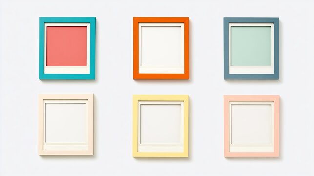 Six vibrant square frames displaying diverse hues, arranged neatly against a clean, pale gray wall backdrop