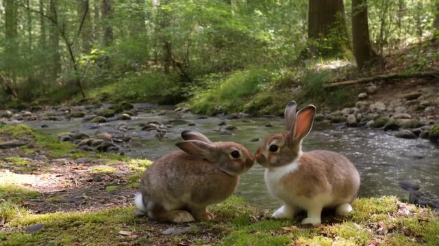 Two brown rabbits touching noses by a flowing stream in forest