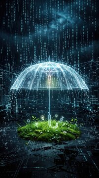 Glowing digital umbrella protecting a patch of green grass and scientific icons from binary code rain on a futuristic motherboard cityscape background.