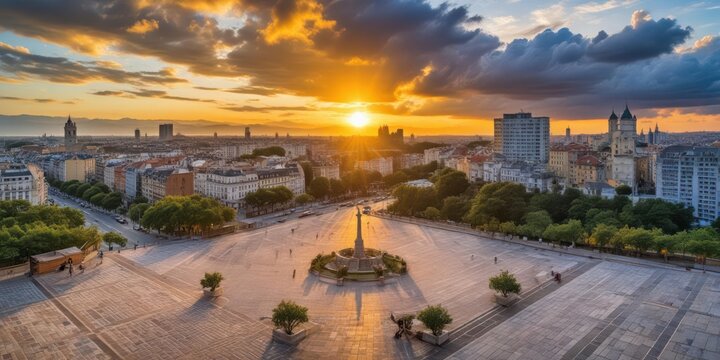 Aerial view of Raul Soares square at dawn with the sun peeking through clouds