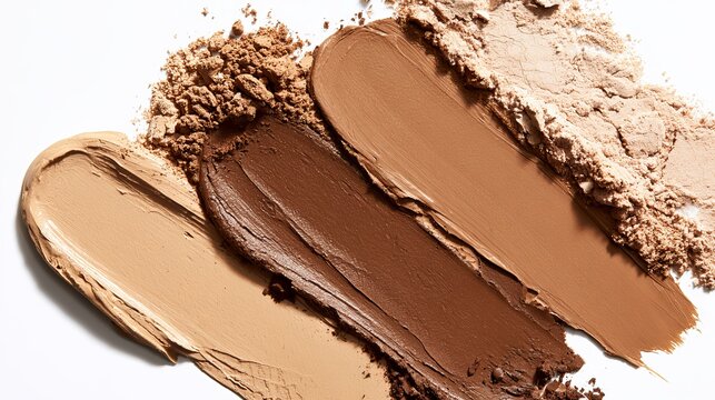 Various shades of pressed powder and cream makeup textures arranged on a bright white surface, perfect for beauty concepts
