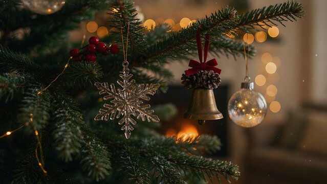 A frosted Christmas tree branch hanging delicate snowflake, bell, and glass ornaments against a warm fireplace, created with generative ai.