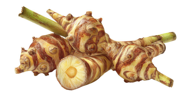 Fresh galangal root rhizome with green stem and cross section cut showing pale flesh, aromatic spice ingredient photography on white background