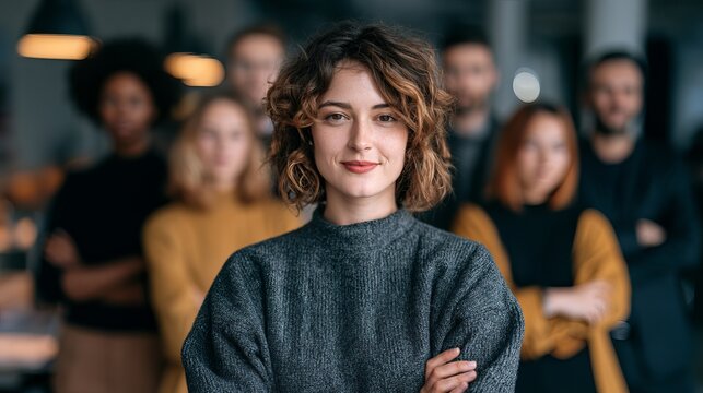 Young woman with short hair confidently looks forward, surrounded by colleagues, representing teamwork and business development
