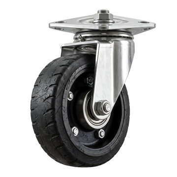 Black swivel caster wheel on metal plate isolated on transparent background