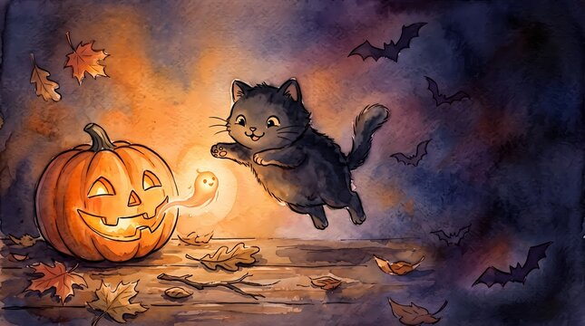 Cute watercolor kitten pouncing on glowing butterfly in garden