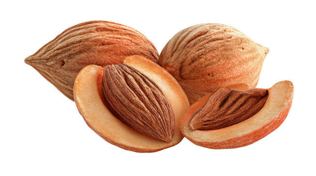 Whole and cracked open pili nuts revealing brown kernel inside orange shell, exotic tropical nut closeup photography on white background