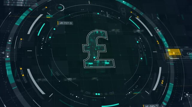 Motion graphic of a futuristic hud interface featuring a glowing pound sterling currency symbol, designed for fintech presentations, forex trading, and global finance concepts.