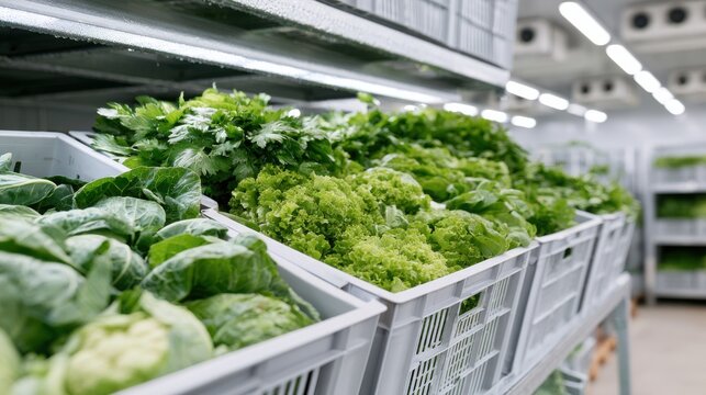 Fresh green vegetables including lettuce, spinach, and herbs stored in refrigerated shelves inside a cold chain facility for optimal preservation and quality maintenance