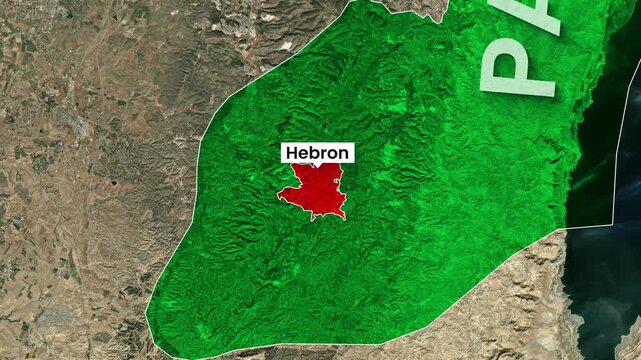 Hebron city highlighted on map of Palestine in motion video footage