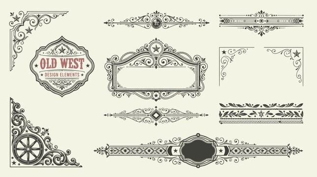 A large collection of old western design elements, embellishment, borders and divider lines.