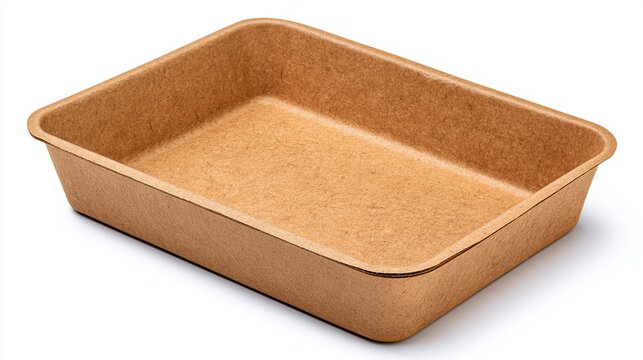 Empty rectangular brown cardboard container presenting a sustainable takeout box isolated against a white studio background