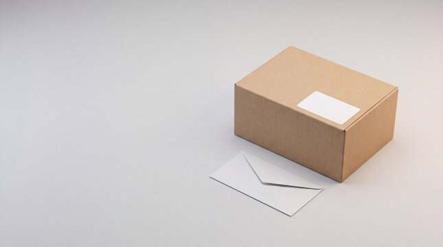 A cardboard box with a white label and a blank envelope placed on a clean gray surface