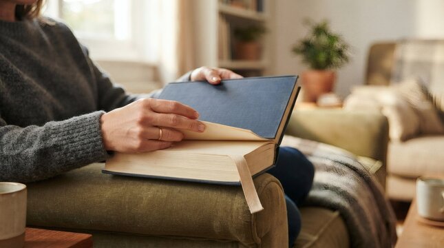 Person sitting in a chair, turning the page of a large, thick book