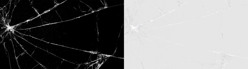 Shattered glass texture with radial cracks and fracture lines. Broken screen overlay on transparent background and black surface © denzelll