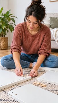 Woman assembling white furniture panels on living room floor while seated cross legged in cozy home interior with plants, sofa, tools, and hardware visible, furniture assembly scene