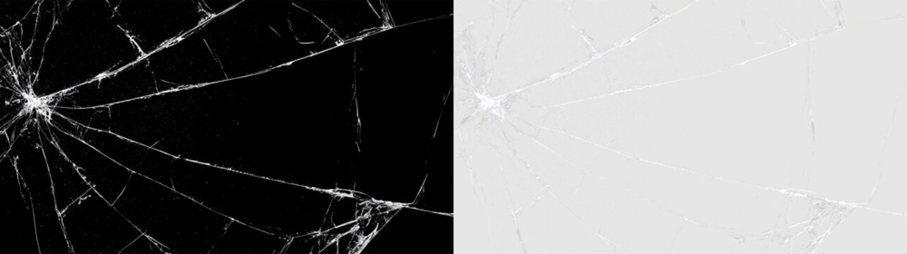 Shattered glass texture with radial cracks and fracture lines. Broken screen overlay on transparent background and black surface