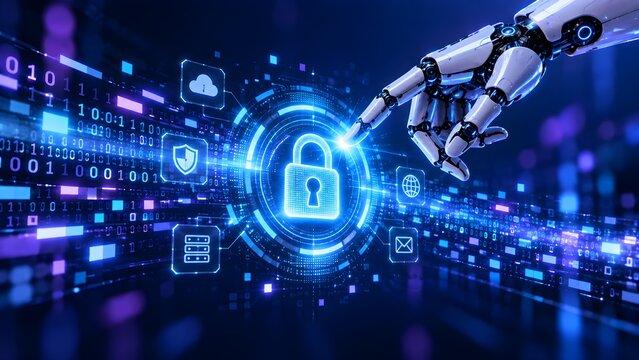 Robot hand touching glowing digital padlock icon on futuristic cyber security network interface with data streams and blue binary code background