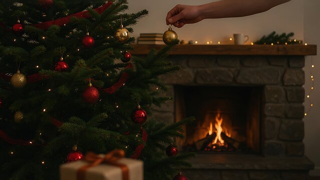 Hands placing a gold bauble on a pine tree branch near a warm stone fireplace during festive holiday preparations, created with generative ai.